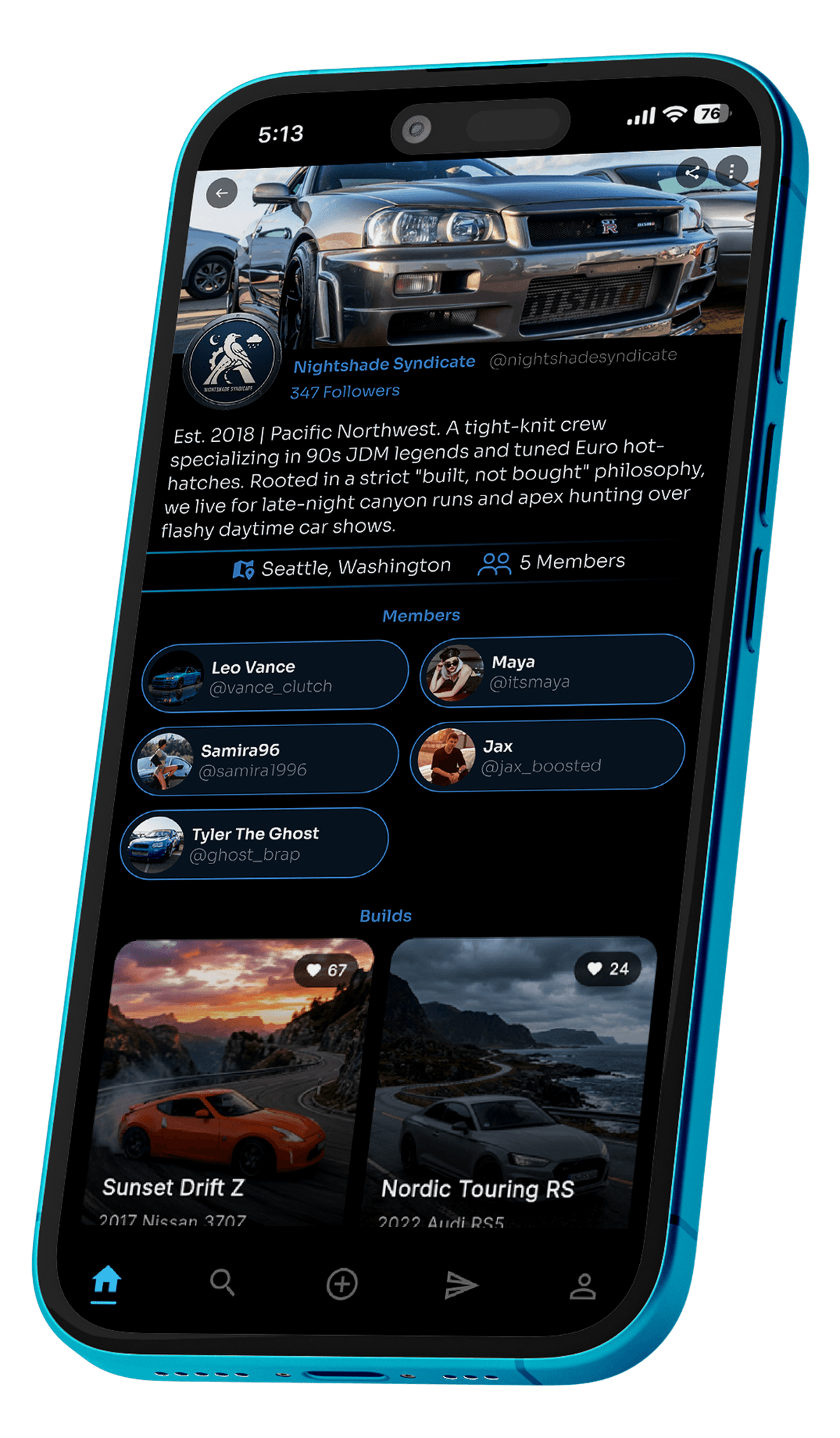 Crew profile on the Revv Social car social app