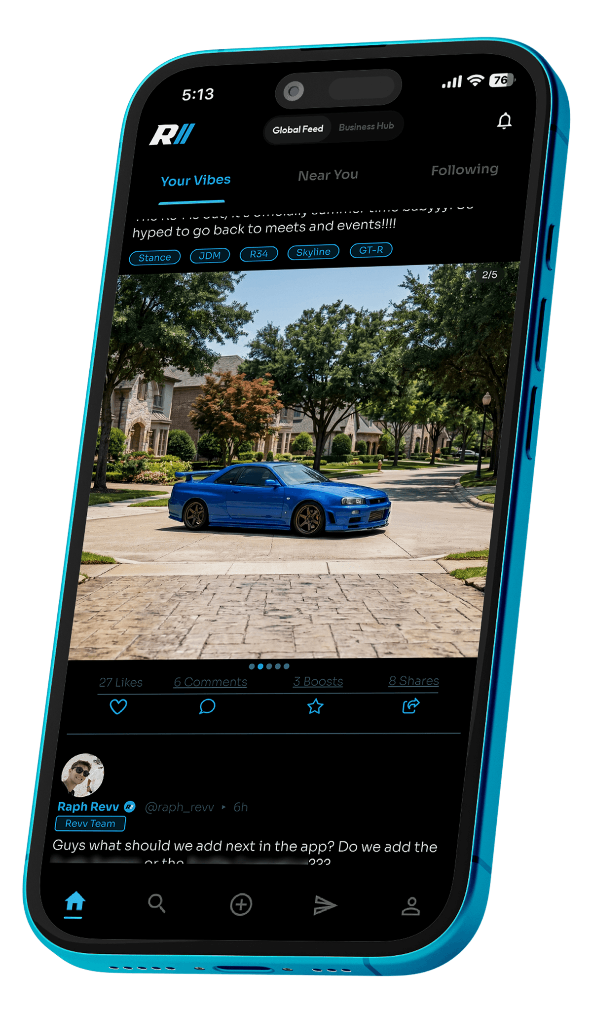 Your Vibes feed on the Revv Social car social media app