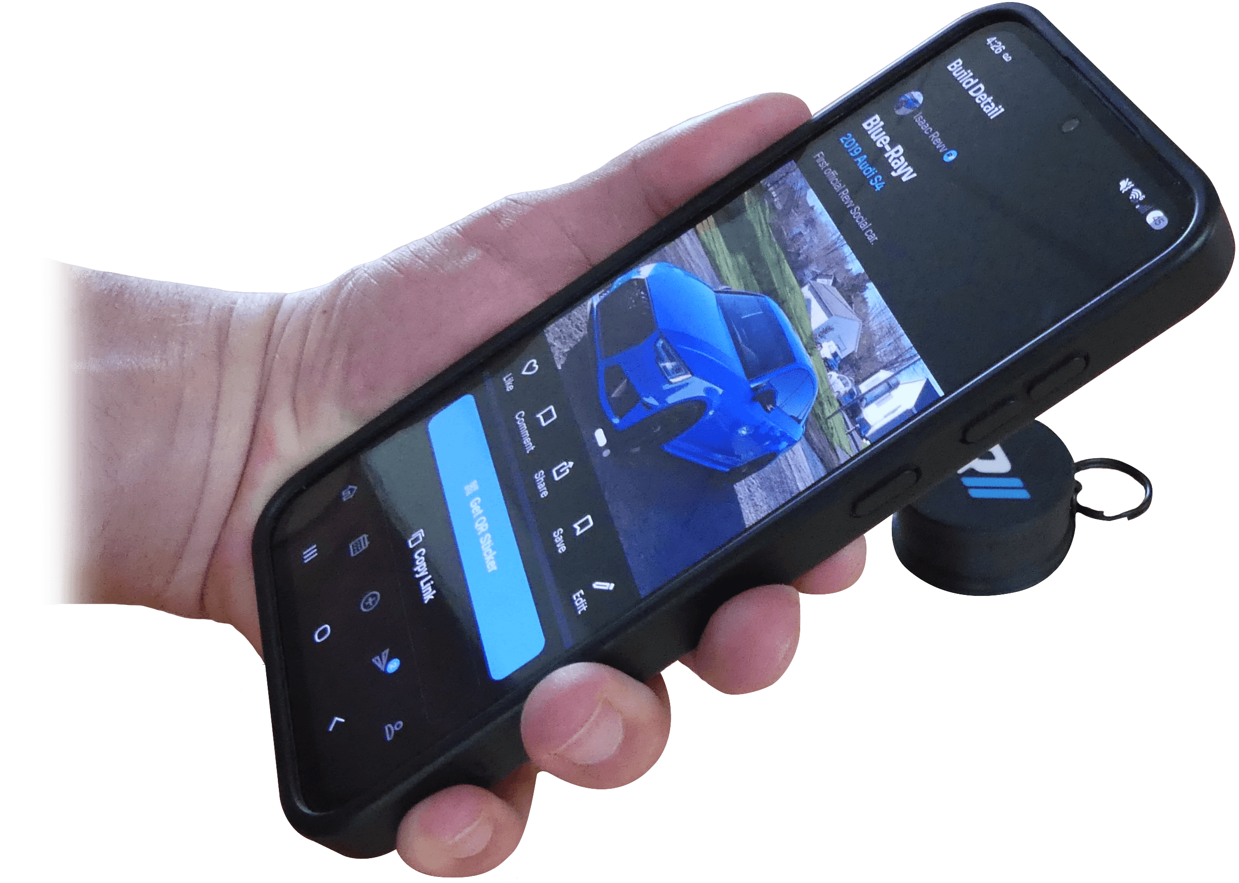 Tapping a phone on the Revv Buddy R// mark to open a Build profile
